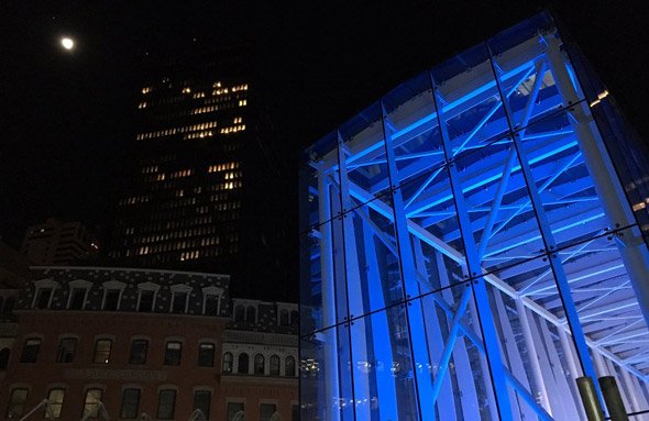 Government Center lit in blue