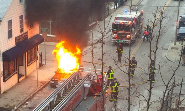 Car on fire on Green Street in Jamaica Plain