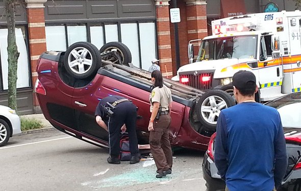 Flipped car on Belgrade Avenue in Roslindale