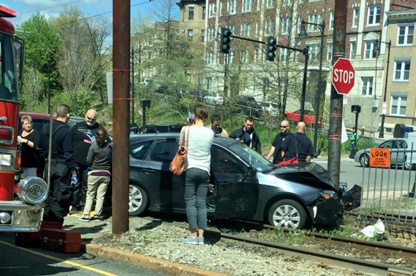 Car smashed into pole on trolley tracks in Brighton