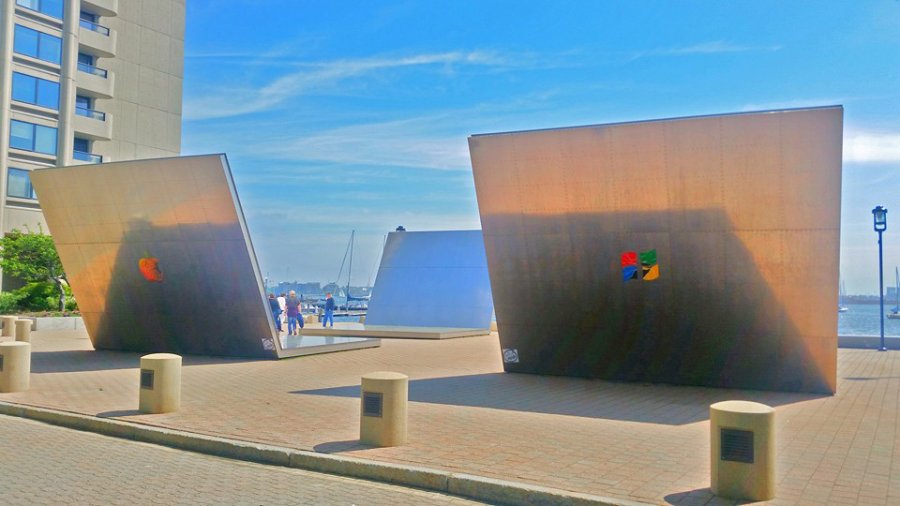 Giant laptops on Boston Harbor