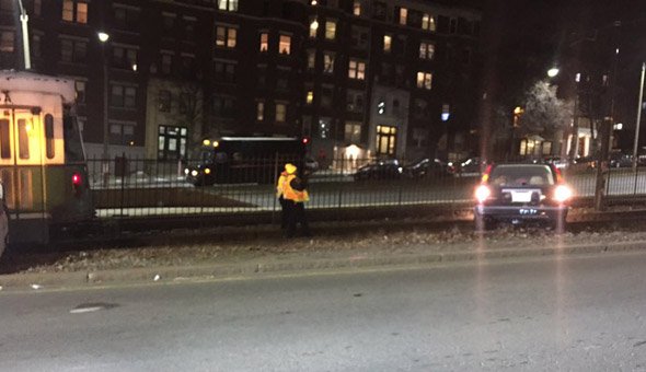 Car on Green Line tracks in Allston