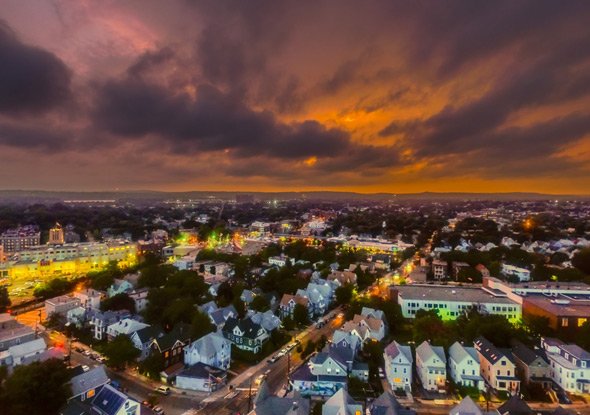 Sunset over Porter Square in Cambridge