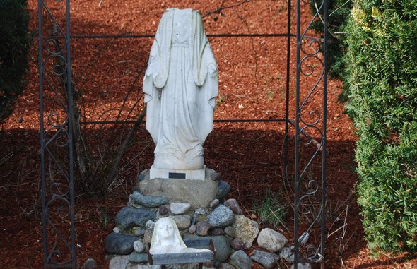 Decapitated religious statue in Burlington