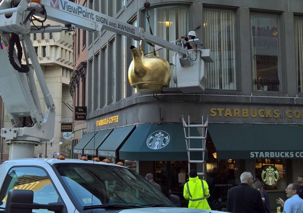 Steaming Tea Kettle returns to City Hall Plaza in Boston