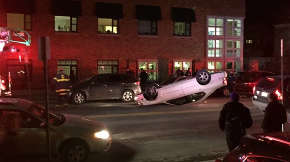 Flipped car in Cambridge