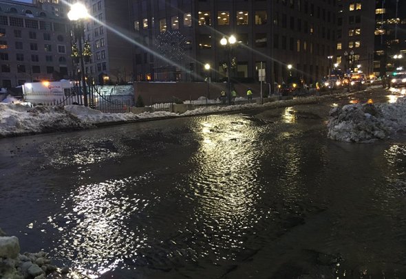 Flooded Congress Street in downtown Boston