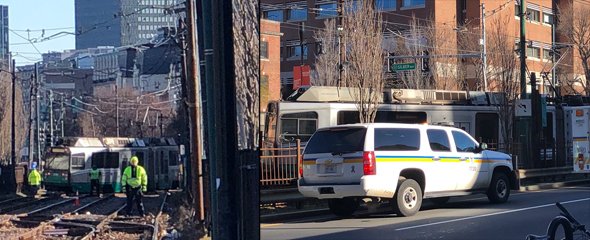 Derailed trolley outside Kenmore Square