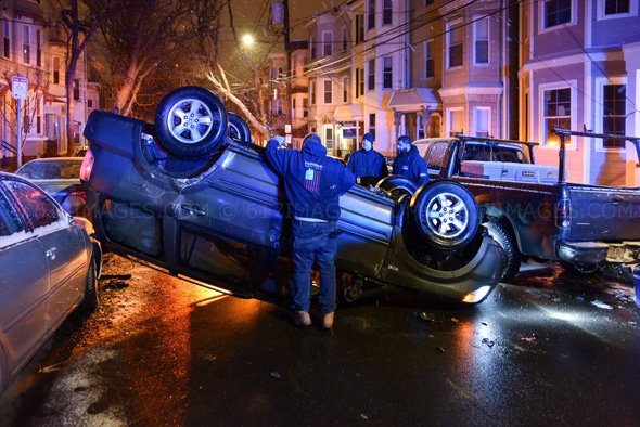 Flipped car in East Boston