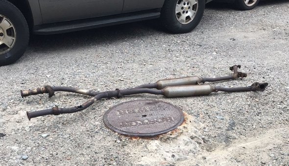 Exhaust pipes on Ada Street in Roslindale