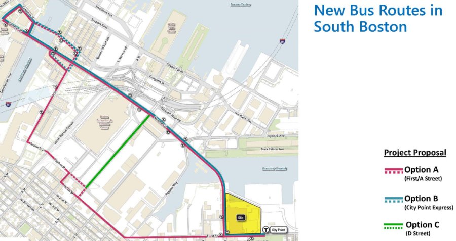 Three possible new bus routes from City Point to downtown.