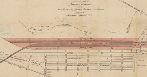 Proposed terminal area for New York and Boston Inland Railroad, along the Charles River