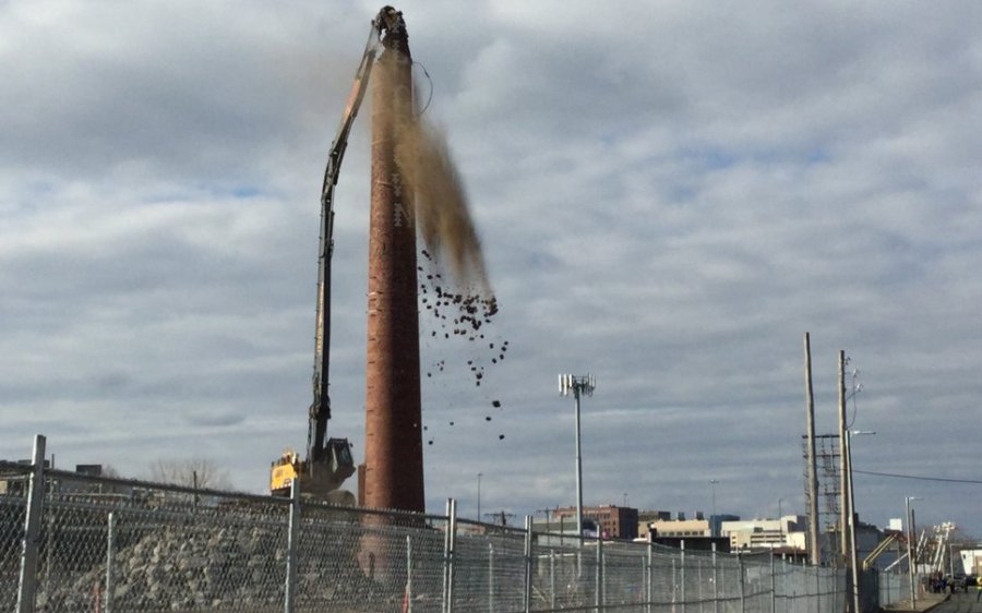 Smokestack being torn down