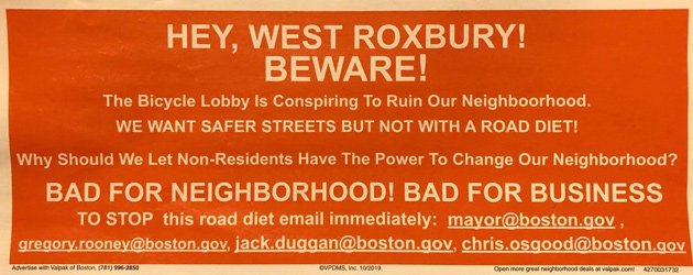 Part of a mailer that alleges the Bicycle Lobby is out to destroy West Roxbury