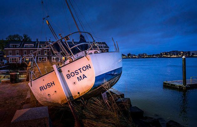 Boat on dry land after storm