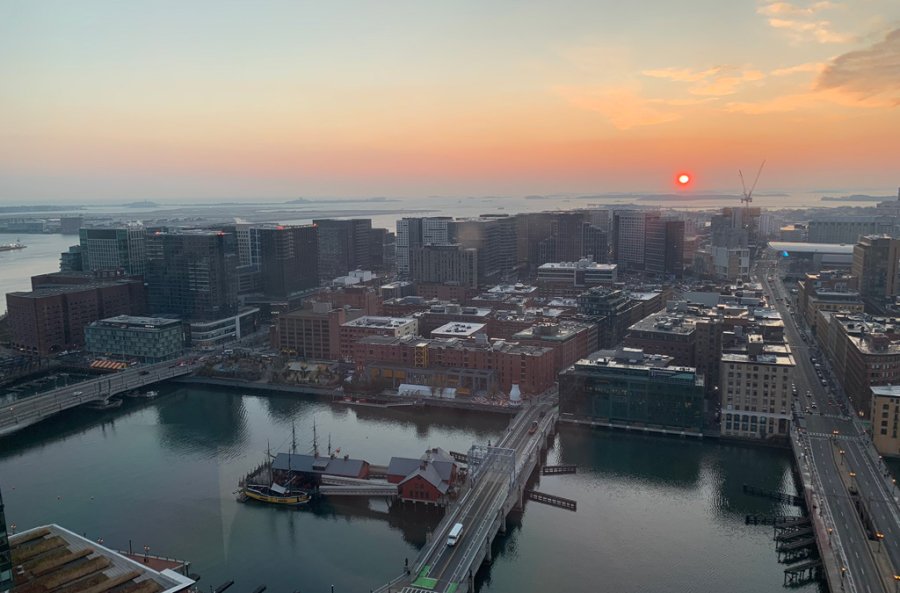 Sunrise over the South Boston Waterfront and Fort Point Channel