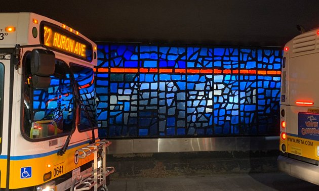 Blue and red at Harvard Square bus station