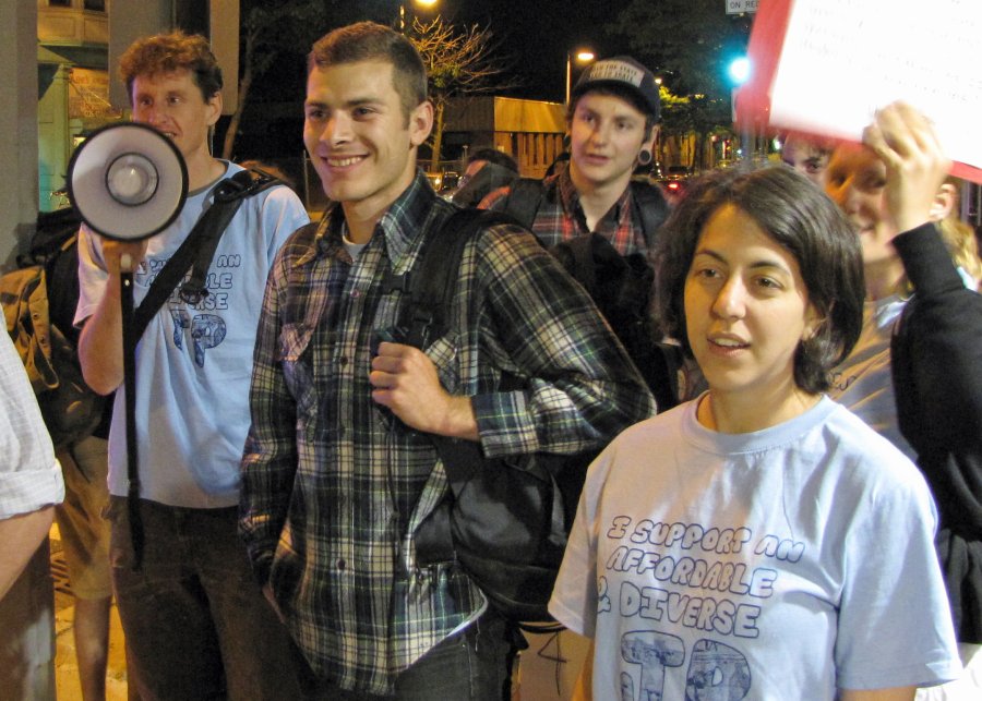 Freedom for the JP 3: Peter Blailock (with megaphone), Andrew Murray, Chloe Frankel after being sprung from E-13.