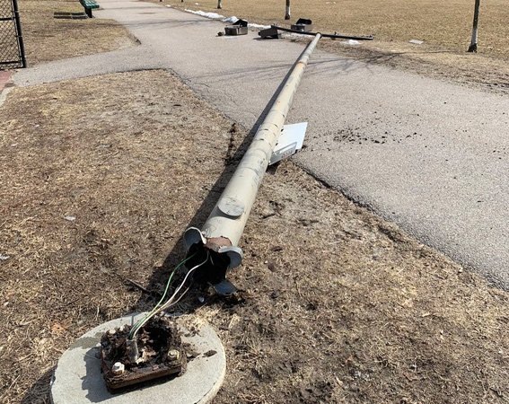 Downed light pole at Hynes Field in West Roxbury