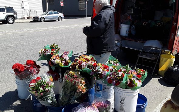 Mr. Mahoney selling flowers out of his van on Old Colony Avenue