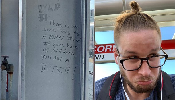 Scrawl at Fields Corner against man buns and a man with a man bun