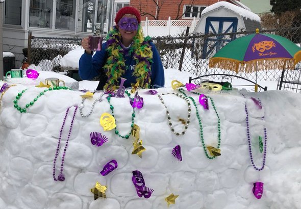 Mardi Gras snow bar in Roslindale