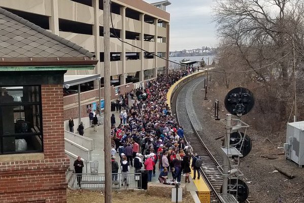 Pats fans waiting for train in Salem