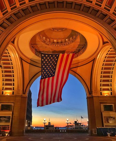 Sunrise over Rowes Wharf and Boston Harbor