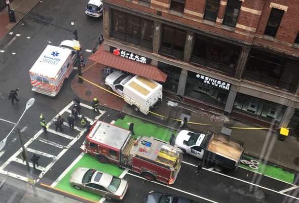 Truck into restaurant at Washington and Kneeland streets in Chinatown