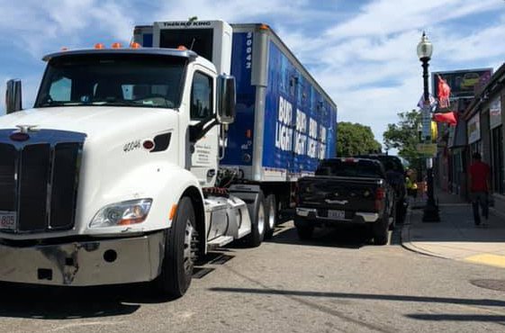 Truck parked the wrong way on Washington Street in Roslindale