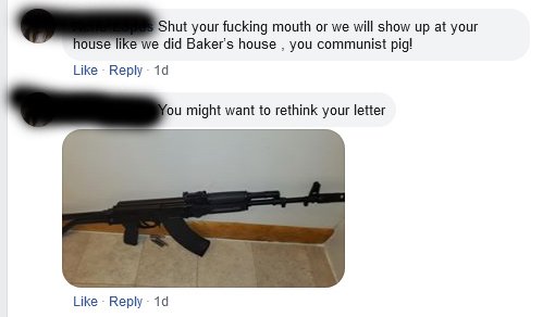 Threatening messages on Facebook, one a picture of a rifle