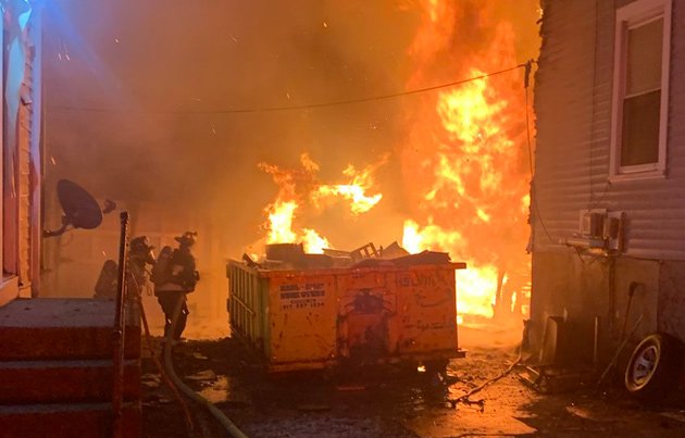 Fire and firefighters on Robinson Street in Dorchester