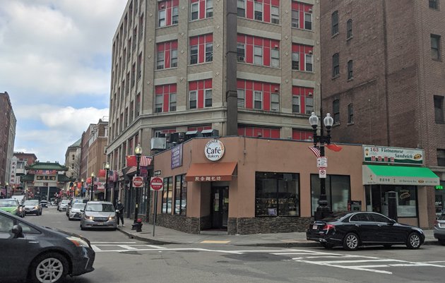 Corner of Harrison and Beach - the one-story building