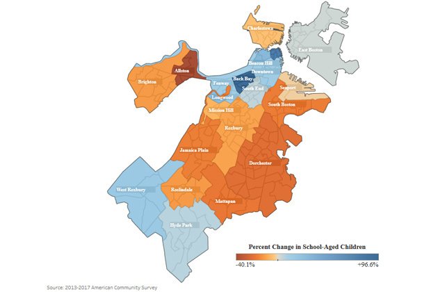 Map showing neighborhoods with dramatic drops in kids: From Allston to Dorchester