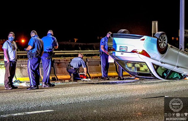 Police on I-93 south with overturned car