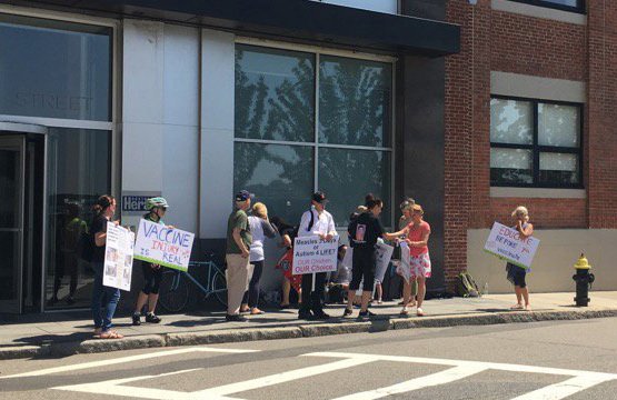 Anti-vaxxers outside the Boston Herald offices