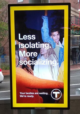 MBTA ad poster that calls for less isolating, more maskless partying