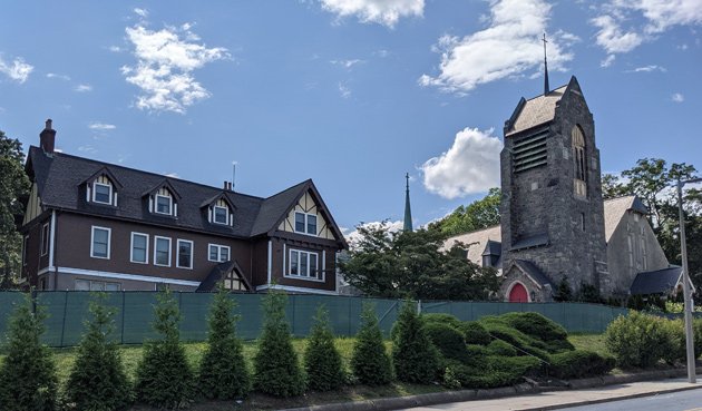 Old rectory and former church on Washington Street in Oak Square