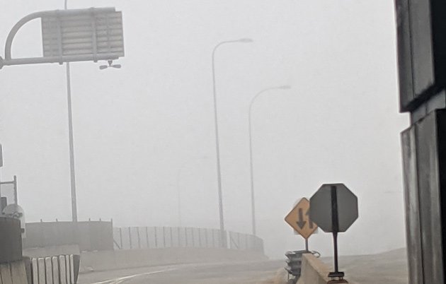 Foggy view out the South Station bus terminal