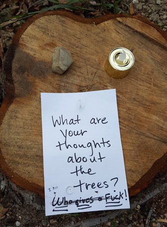 Somerville tree stump with note