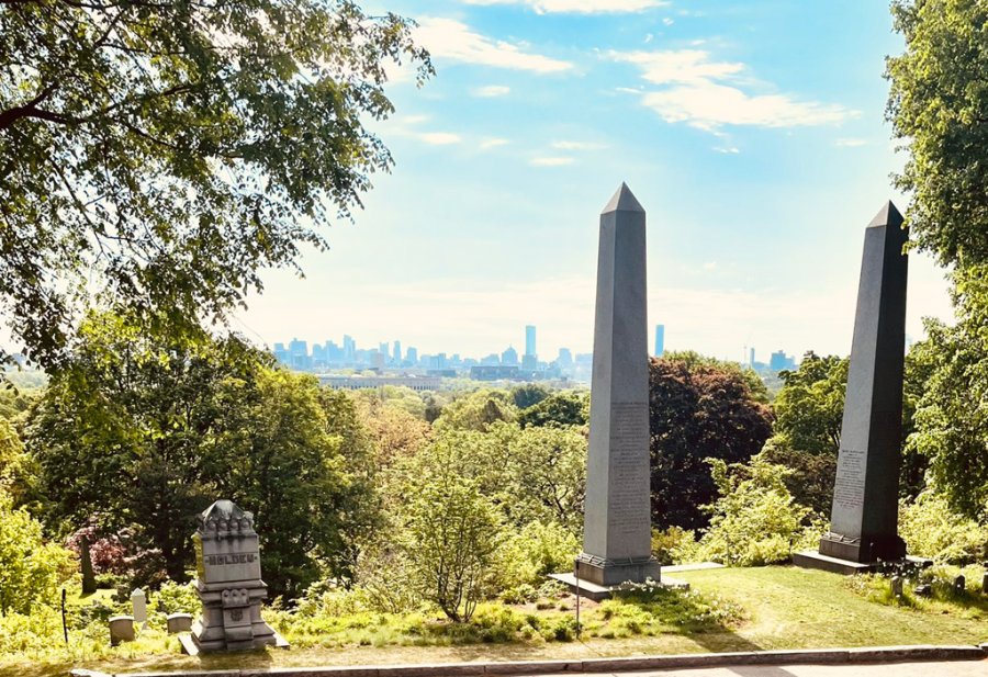 Harvard Stadium and downtown Boston from Mount Auburn Cemetery