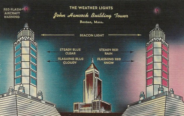 Old Hancock Building flashing lights: Steady blue, clear view, flashing blue, cloudy