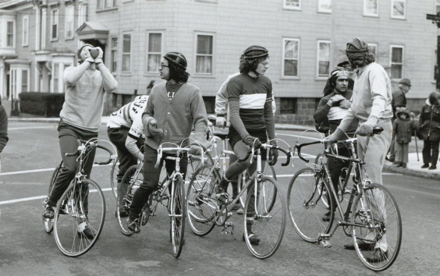 Guys on bikes in old Boston