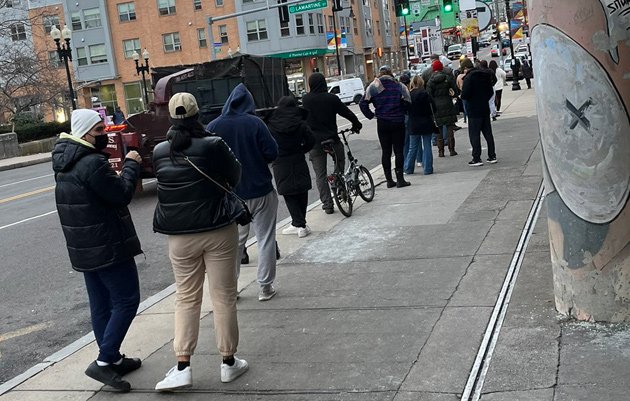 Line for testing at Anna Cole Community Center in Jamaica Plain stretched way, way back