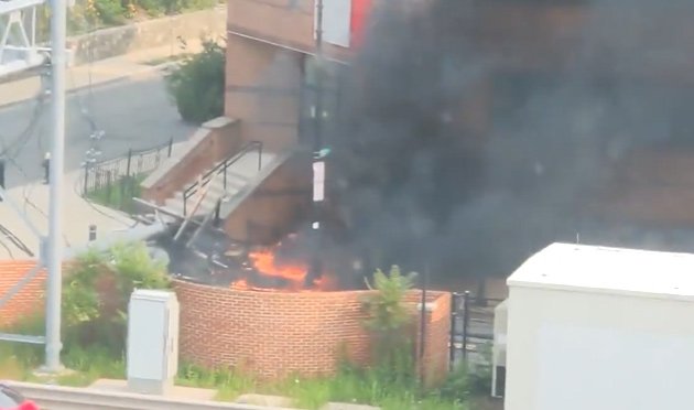 Downed transformer and pole on fire in Allston