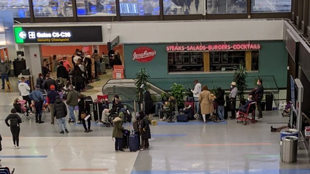 Line for a Covid-19 test at Logan Airport