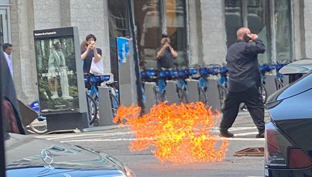 Flaming manhole on Boylston Street