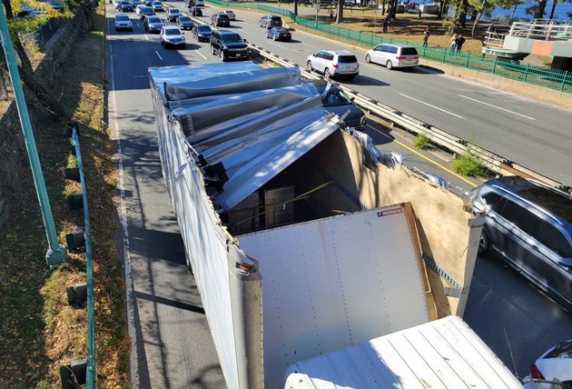 Peeled back truck on Storrow Drive