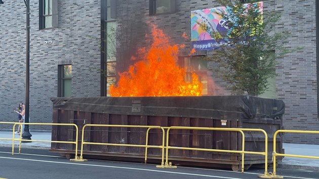 Flaming dumpster on Ipswich Street