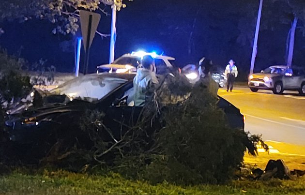 Aftermath of a crash at Murray Circle in Jamaica Plain